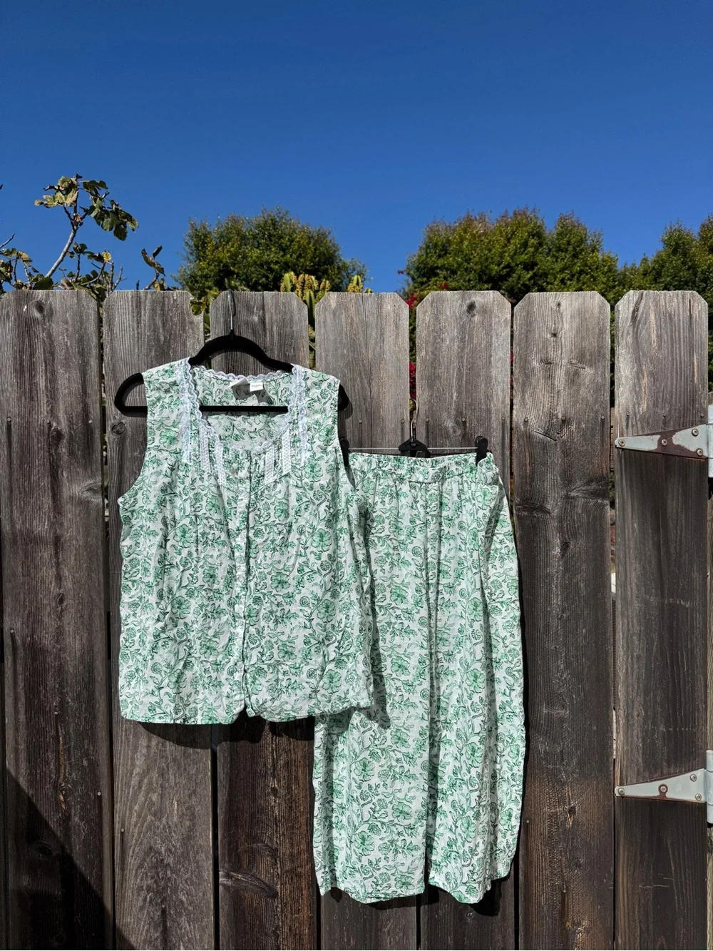 Vintage 100% Cotton Tank Top Green Floral Pajama Top & Matching Capri Set